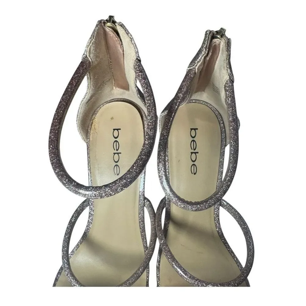 Bebe Berdine Ankle-Strap Stiletto Heel Sandals Pink Blush Metallic Glitter Size
